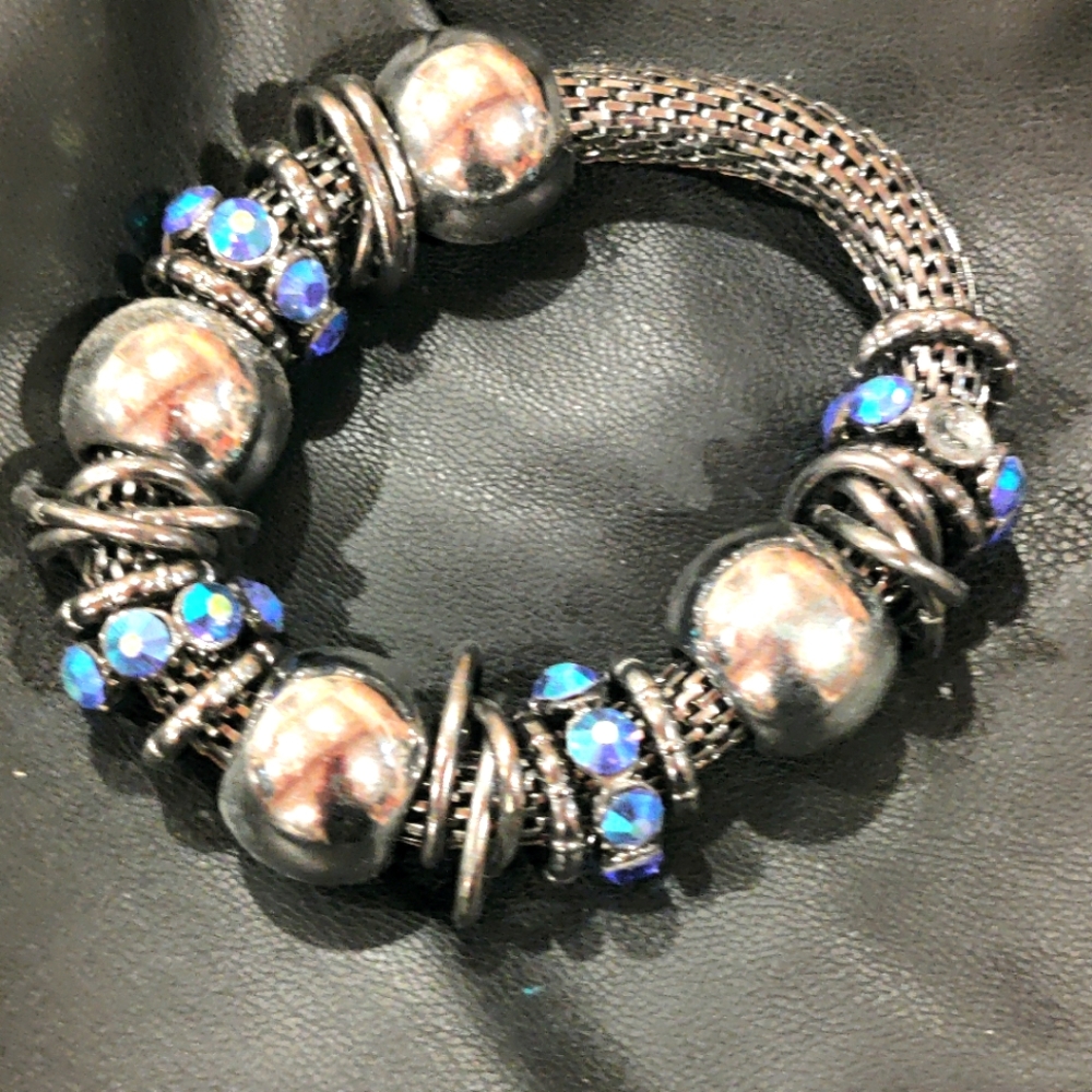 Blue Silver Purple Charm Silvertone Bracelet